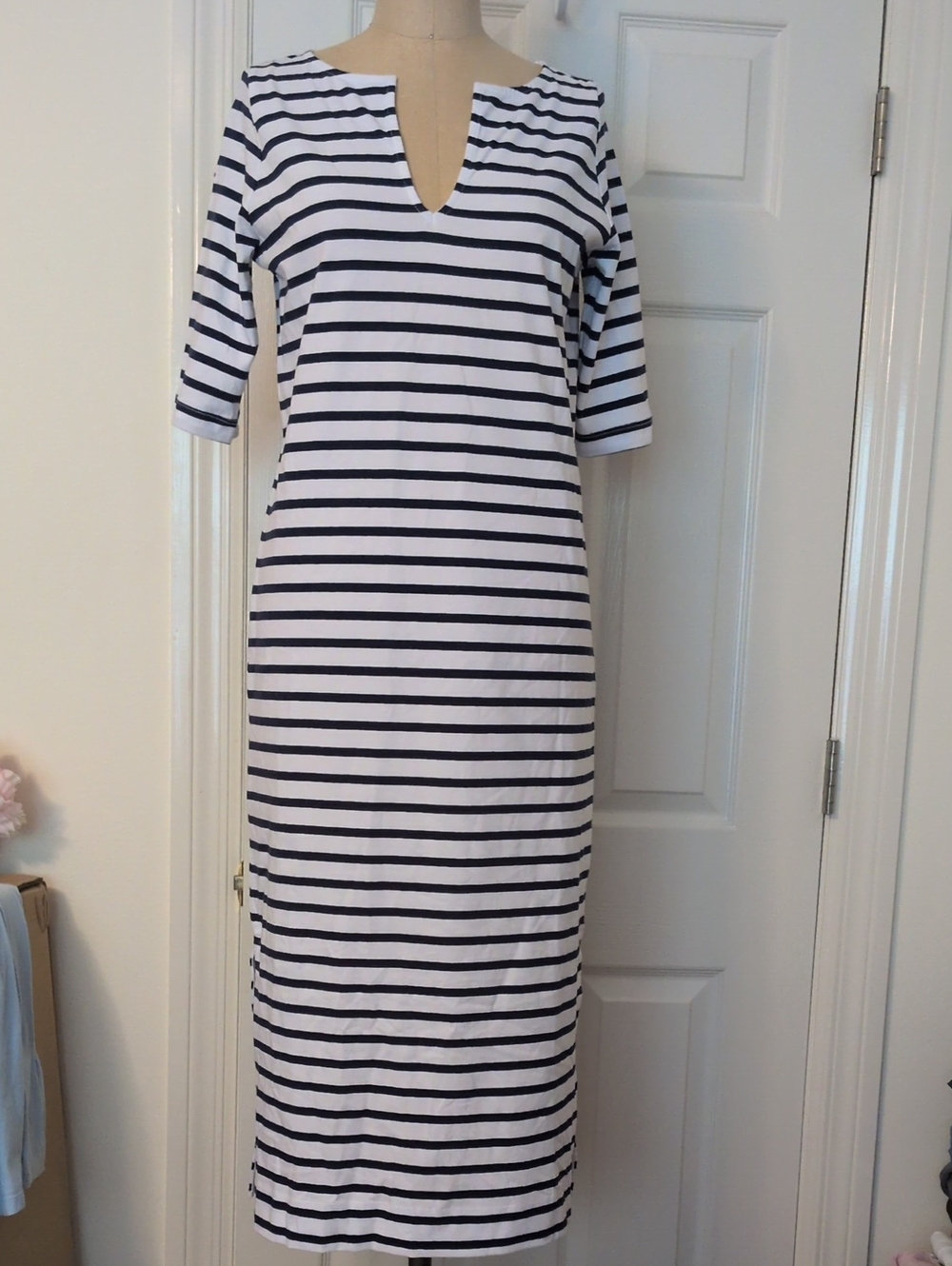 Marea Mariner Split Neck Striped Midi Dress Sz. S